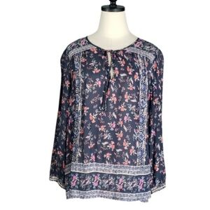 Lucky Brand Boho Blouse Top L Peasant Dark Floral Popover V-neck Tunic Vacation